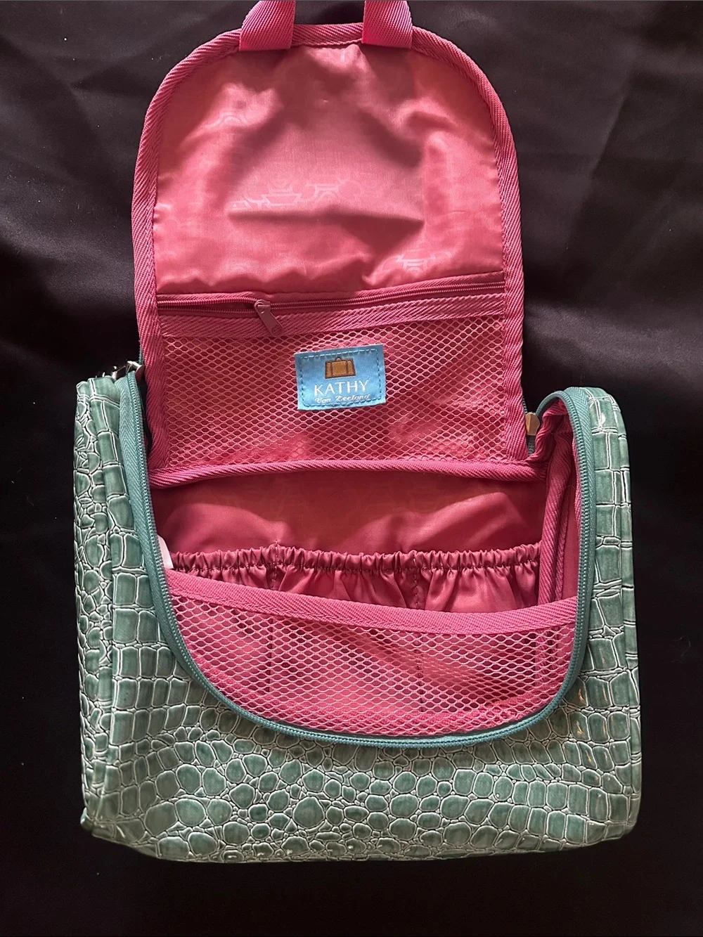 kathy ireland teal croc-embossed travel cosmetic case with metal logo
